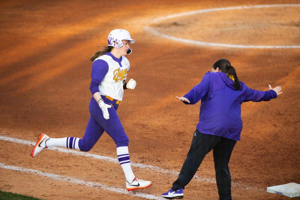 LSU softball junior infielder Georgia Clark (25) runs around the bases after hitting a homerun Saturday, Feb. 12, 2022, during LSU’s 8-1 win against South Alabama at Tiger Park on Skip Bertman Drive in Baton Rouge, La.