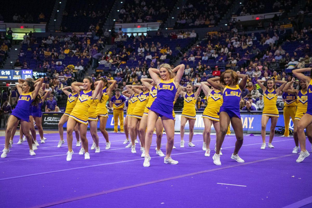 LSU Tiger Girls and cheerleaders perform at halftime Saturday, Feb. 26, 2022, during LSU&#8217;s 75-55 win against Missouri in the Pete Maravich Assembly Center on North Stadium Drive in Baton Rouge, La.