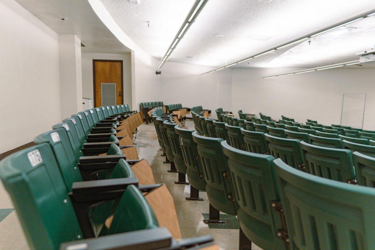 Desks sit empty on Wednesday, Feb. 9, 2022, in Lockett Hall on Field House Drive in Baton Rouge, La.