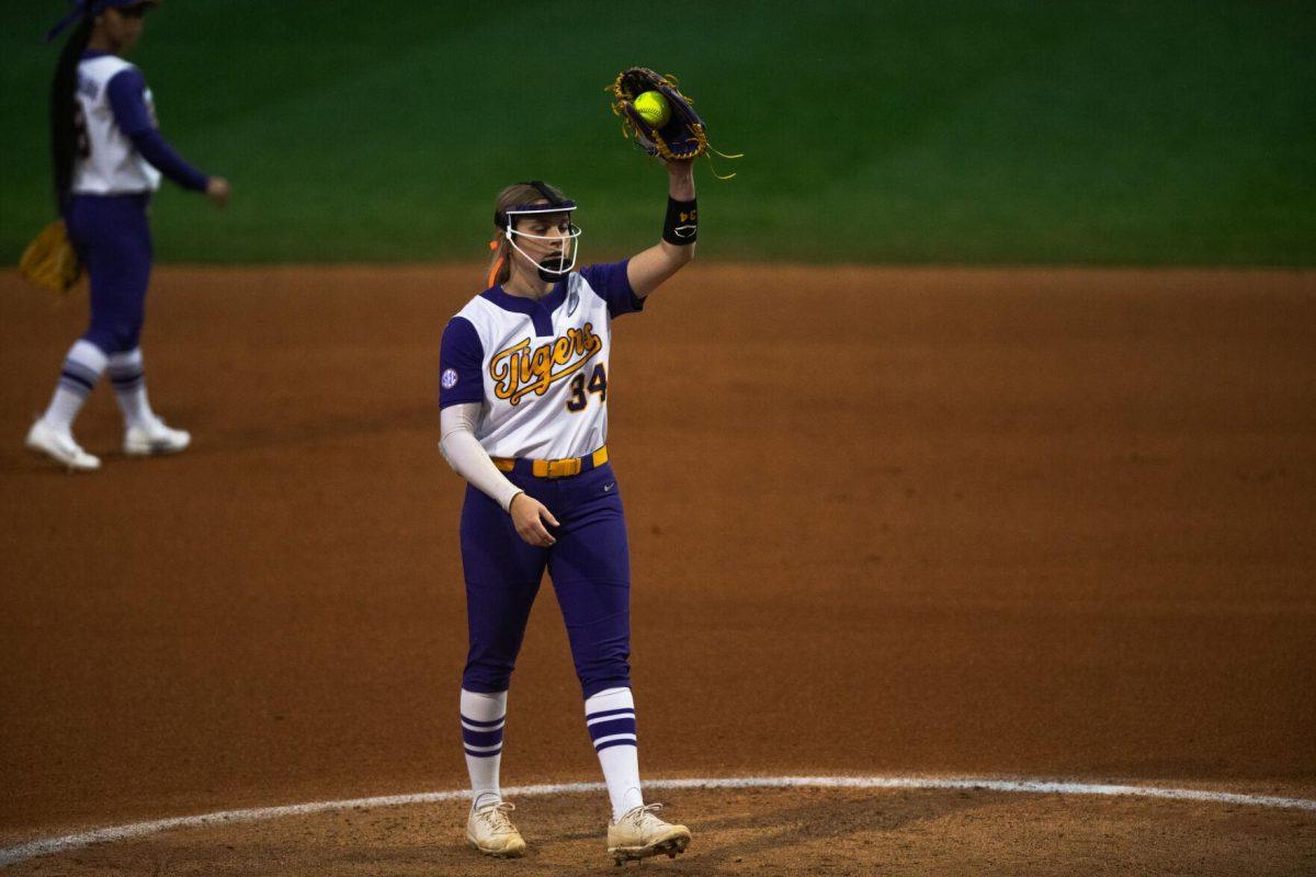 LSU softball freshman pitcher Raelin Chaffin (34) catches the ball Saturday, Feb. 12, 2022, during LSU’s 2-3 loss against Central Arkansas at Tiger Park on Skip Bertman Drive in Baton Rouge, La.