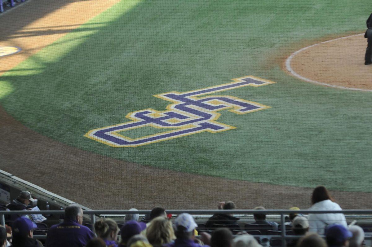 The LSU baseball logo sits behind home plate Saturday, Feb. 26, 2022, during the Tigers' 9-2 win against Southern University at Alex Box Stadium in Baton Rouge, La.