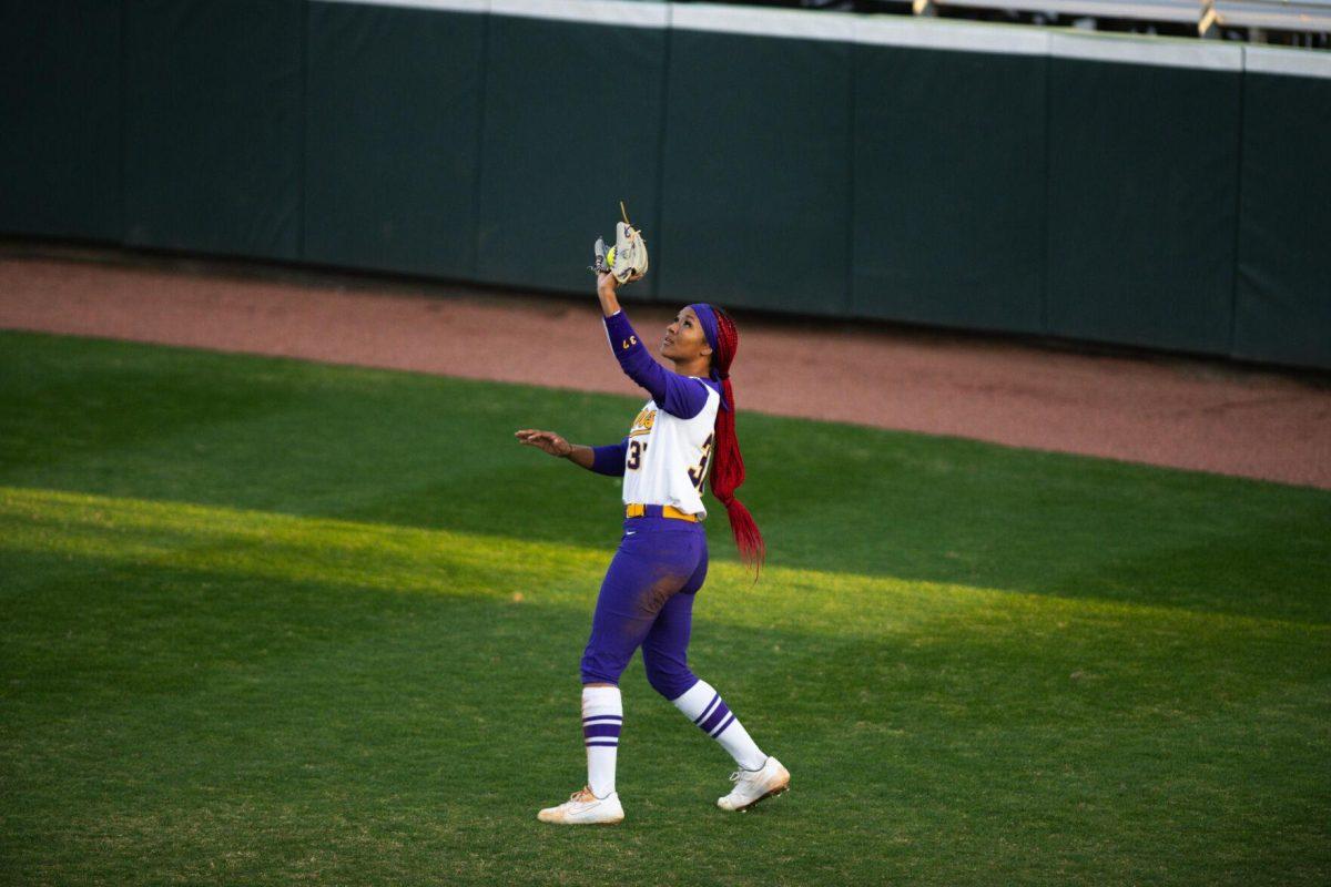LSU softball sophomore pitcher Morgan Smith (37) catches the final out Saturday, Feb. 12, 2022, during LSU’s 8-1 win against South Alabama at Tiger Park on Skip Bertman Drive in Baton Rouge, La.