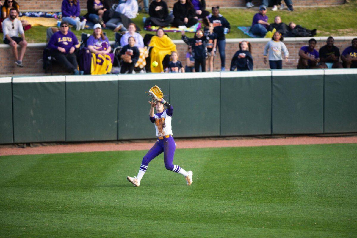 LSU softball sophomore outfielder Ciara Briggs (88) runs to catch the ball Saturday, Feb. 12, 2022, during LSU’s 8-1 win against South Alabama at Tiger Park on Skip Bertman Drive in Baton Rouge, La.