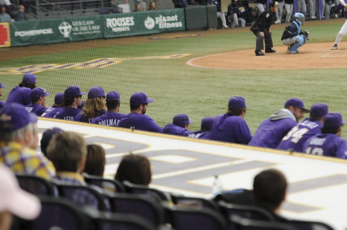 The LSU baseball team watches from the dugout Saturday, Feb. 26, 2022, during the Tigers' 9-2 win against Southern University at Alex Box Stadium in Baton Rouge, La.