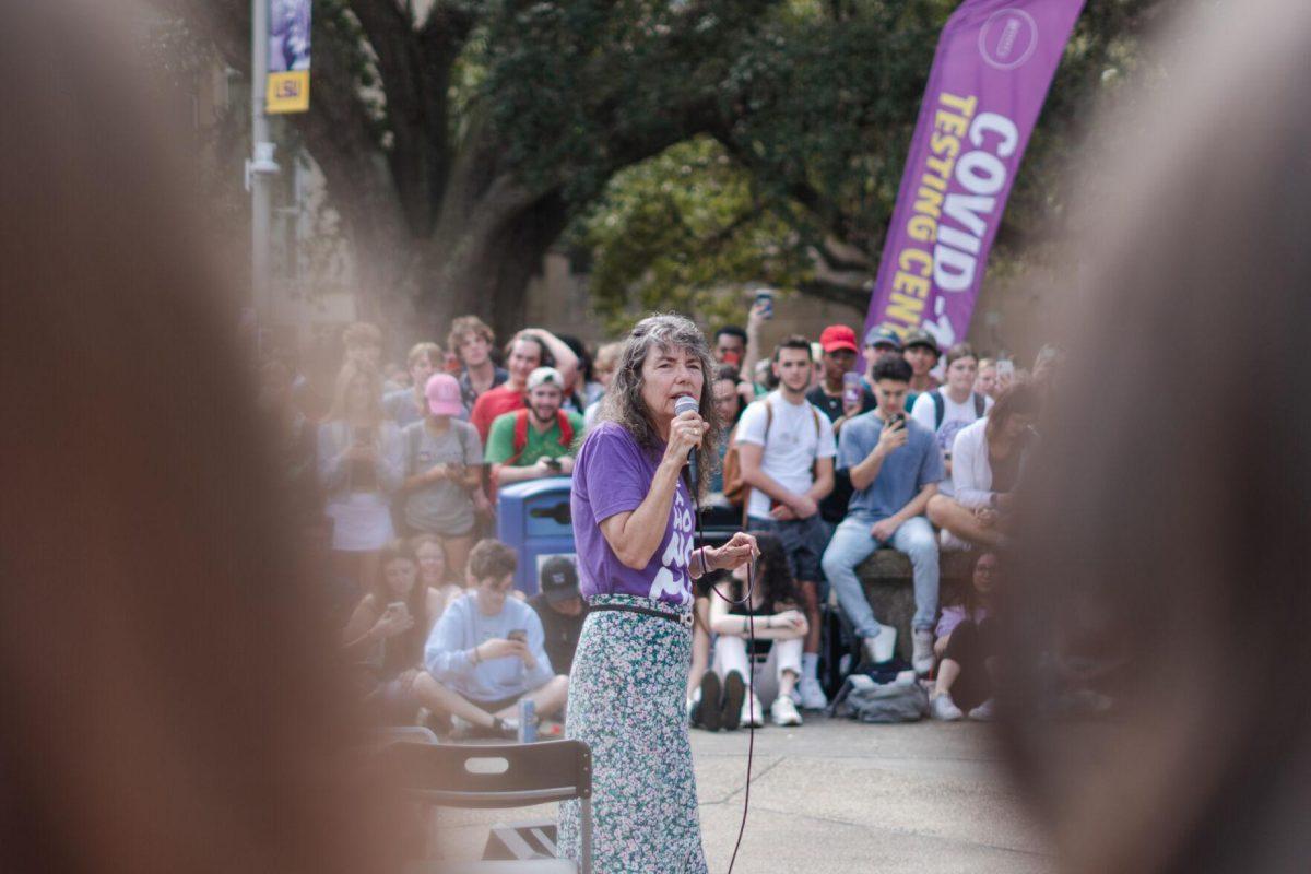 Sister Cindy speaks on Monday, Feb. 21, 2022, in Free Speech Plaza on LSU&#8217;s Campus in Baton Rouge, La.