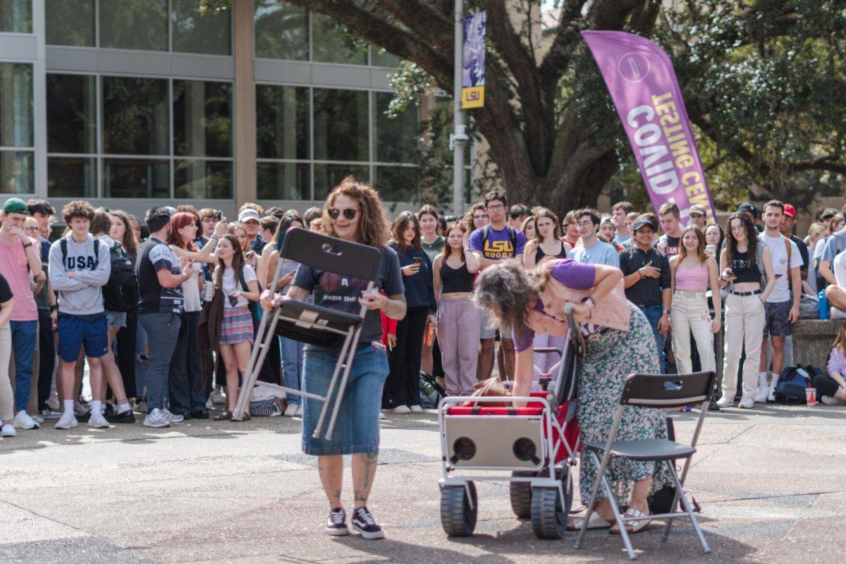 Sister Cindy and her friend begin to set up on Monday, Feb. 21, 2022, in Free Speech Plaza on LSU&#8217;s Campus in Baton Rouge, La.