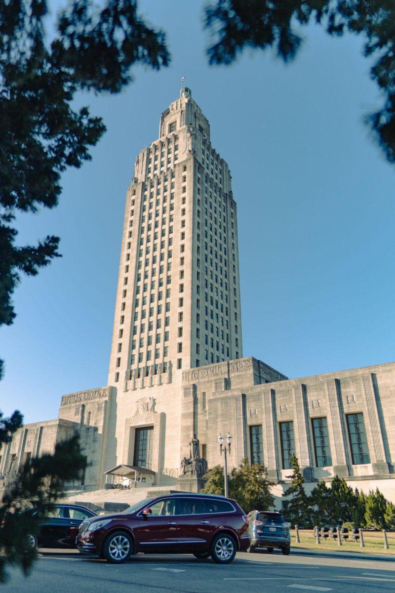 The Louisiana State Capitol building climbs into the sky on Sunday, Feb. 6, 2022, at 900 North Third Street in Baton Rouge, La.