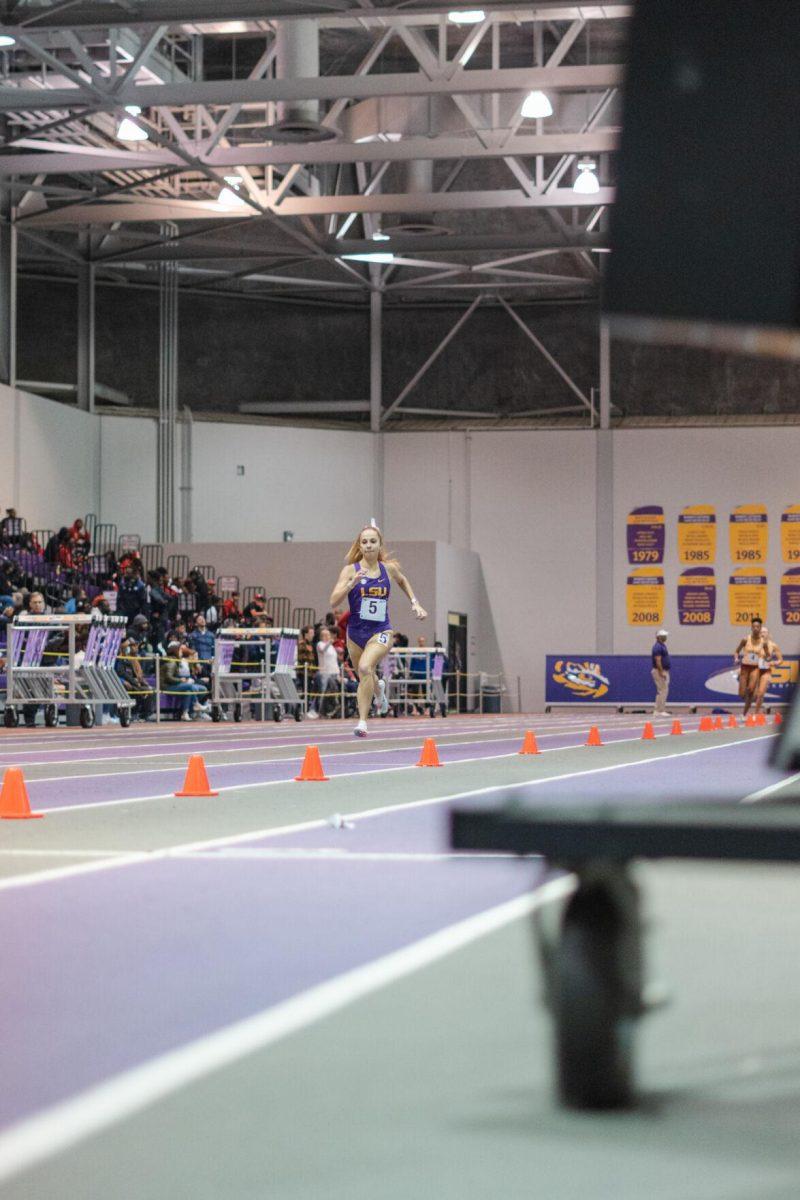 LSU track and field graduate student Alicia Stamey runs the final stretch of the 800-meter race on Friday, Feb. 4, 2022, during the Bayou Bengal indoor track meet at the Carl Maddox Field House on Nicholson Drive in Baton Rouge, La.