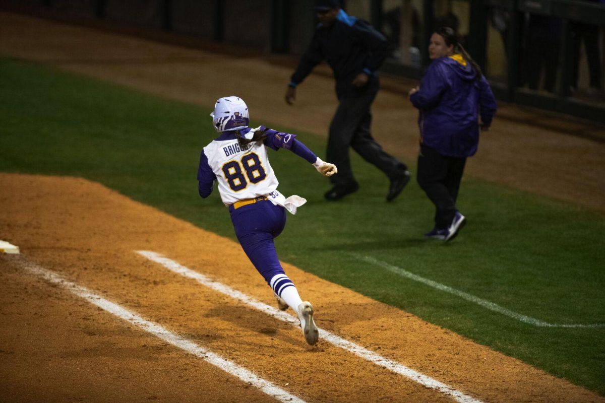 LSU softball sophomore outfielder Ciara Briggs (88) runs towards first base Saturday, Feb. 12, 2022, during LSU’s 2-3 loss against Central Arkansas at Tiger Park on Skip Bertman Drive in Baton Rouge, La.
