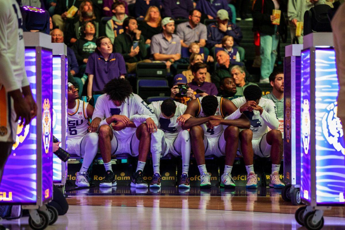 LSU men&#8217;s basketball starters reflect before the lineup is announced Saturday, Feb. 26, 2022, before LSU&#8217;s 75-55 win against Missouri in the Pete Maravich Assembly Center on North Stadium Drive in Baton Rouge, La.