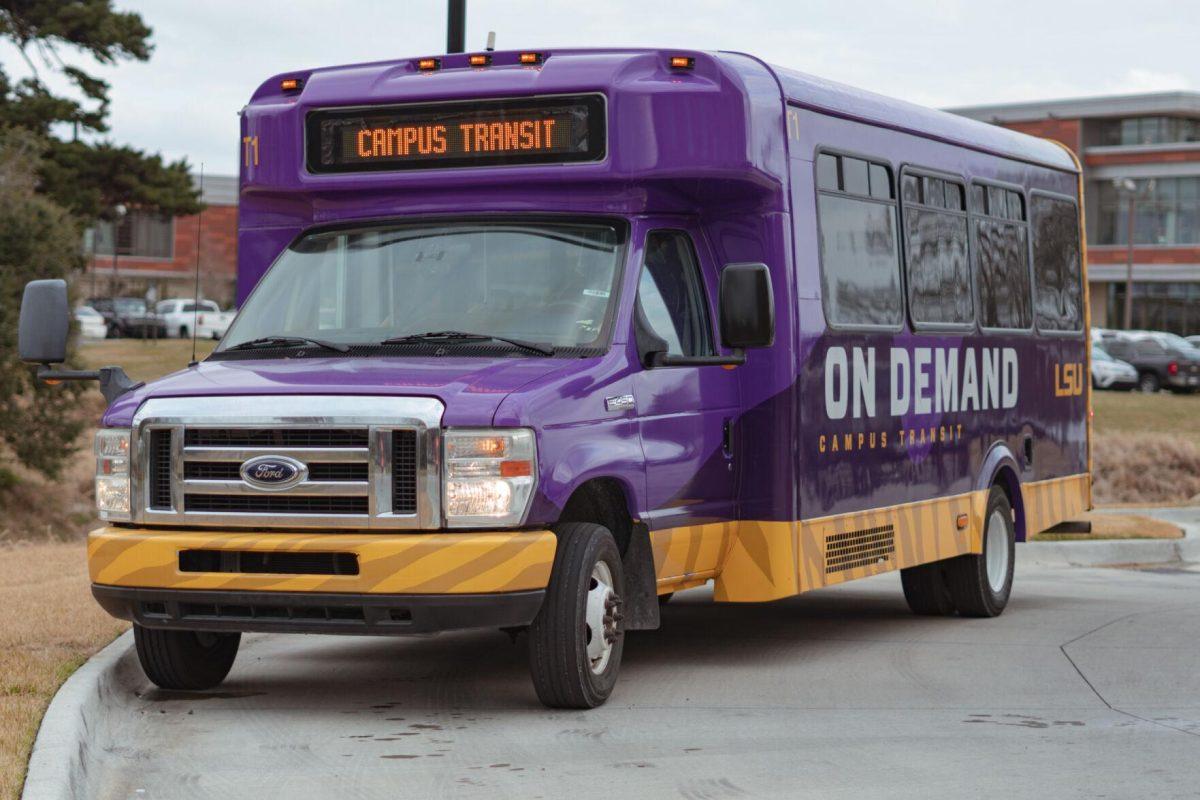 An LSU shuttle sits in the parking lot on Wednesday, Feb. 16, 2022, of Azalea Hall on South Campus Drive in Baton Rouge, La.