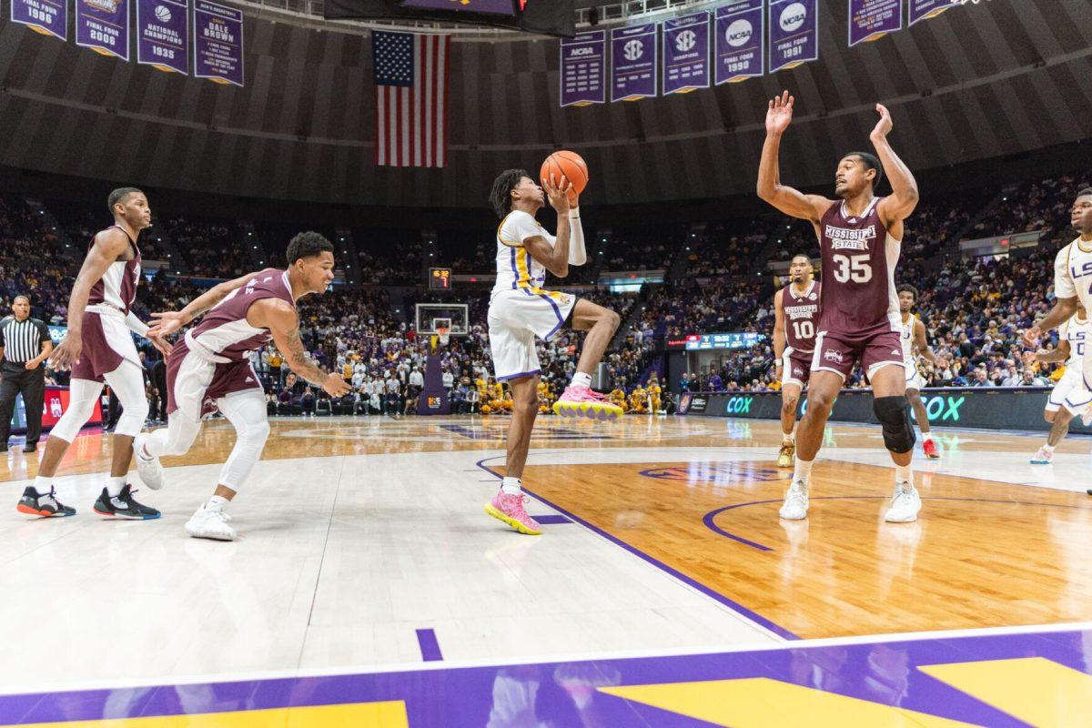 LSU men&#8217;s basketball sophomore guard Eric Gaines (2) goes for the shot on Saturday, Feb. 12, 2022, during LSU&#8217;s 69-65 win over Mississippi State in the Pete Maravich Assembly Center on North Stadium Drive in Baton Rouge, La.