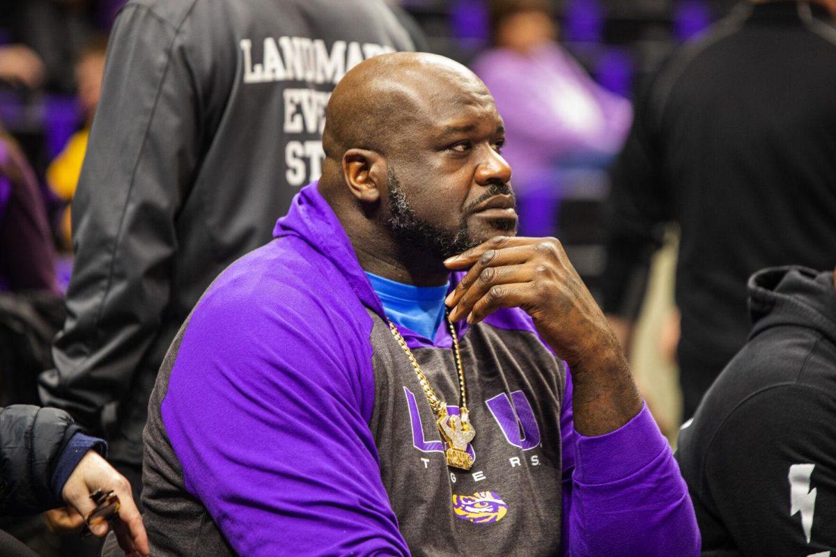 Former LSU basketball player Shaquille O&#8217;Neal watches both teams shoot around Saturday, Feb. 26, 2022, before LSU&#8217;s 75-55 win against Missouri in the Pete Maravich Assembly Center on North Stadium Drive in Baton Rouge, La.