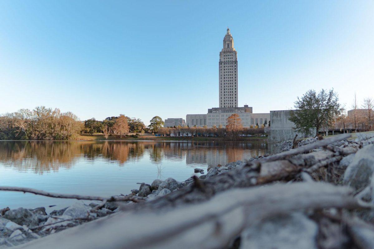 The State Capitol sits beyond a lake on Sunday, Feb. 6, 2022, at 900 North Third Street in Baton Rouge, La.