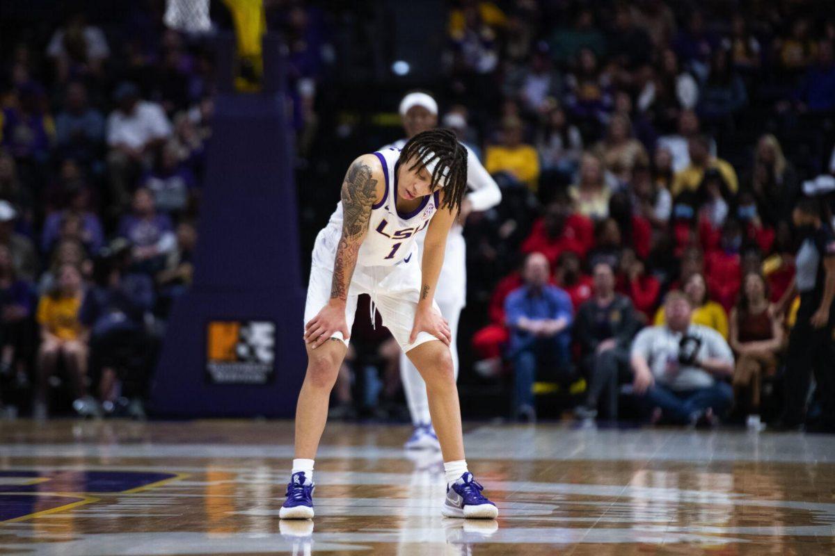 LSU women’s basketball graduate student guard Jailin Cherry (1) bends over before the inbound Sunday, Feb. 20, 2022, during LSU’s 66-61 win against Florida in the Pete Maravich Assembly Center on North Stadium Drive in Baton Rouge, La.