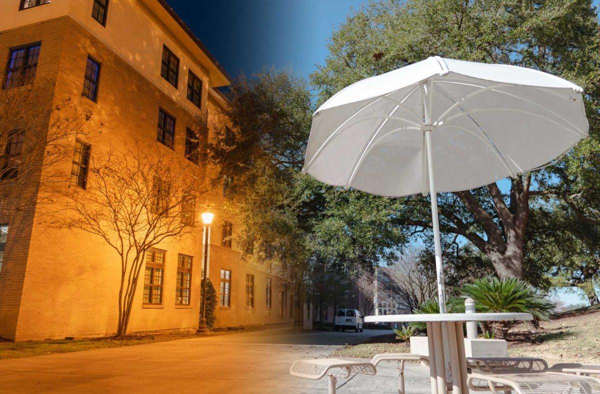 North Hall glows orange on the night of Wednesday, Jan. 26, 2022, and an umbrella table sits empty during the day of Thursday, Jan. 27, 2022, on Cypress Drive in Baton Rouge, La.