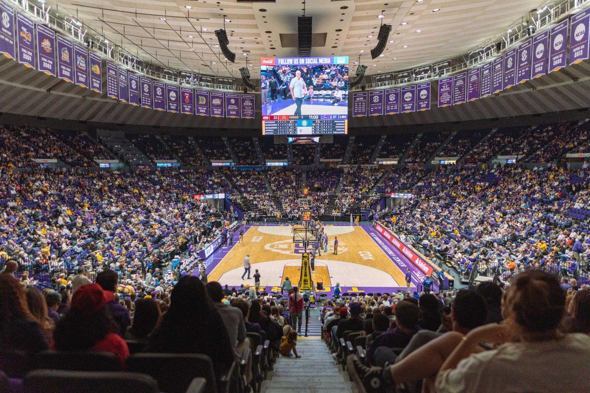 Fans fill most of the seats on Saturday, Feb. 12, 2022, during LSU&#8217;s 69-65 win over Mississippi State in the Pete Maravich Assembly Center on North Stadium Drive in Baton Rouge, La.