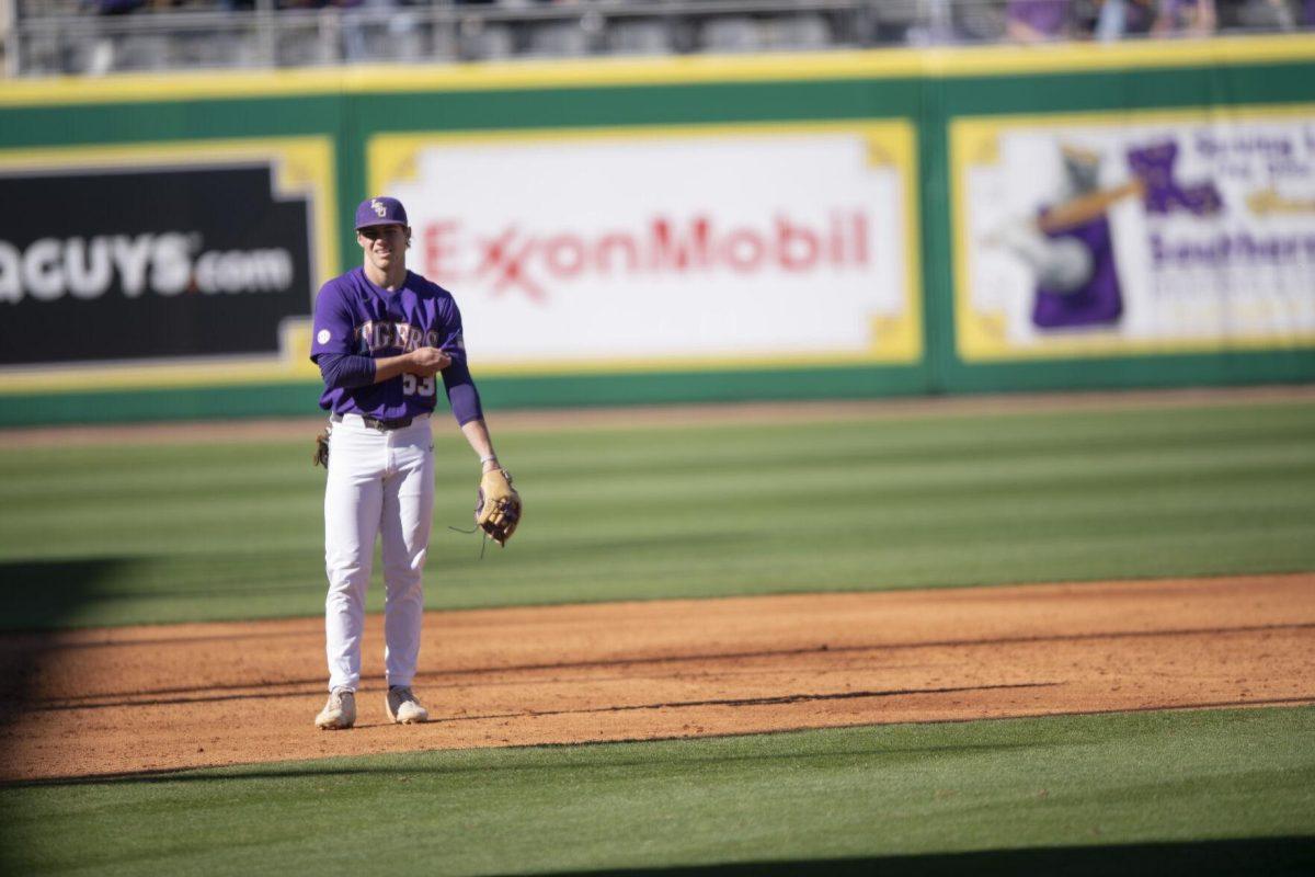 LSU sophomore infielder Jack Merrifield watches from third base Saturday, Feb. 19, 2022, during the Tigers' 17-8 win against the University of Maine at Alex Box Stadium in Baton Rouge, La.