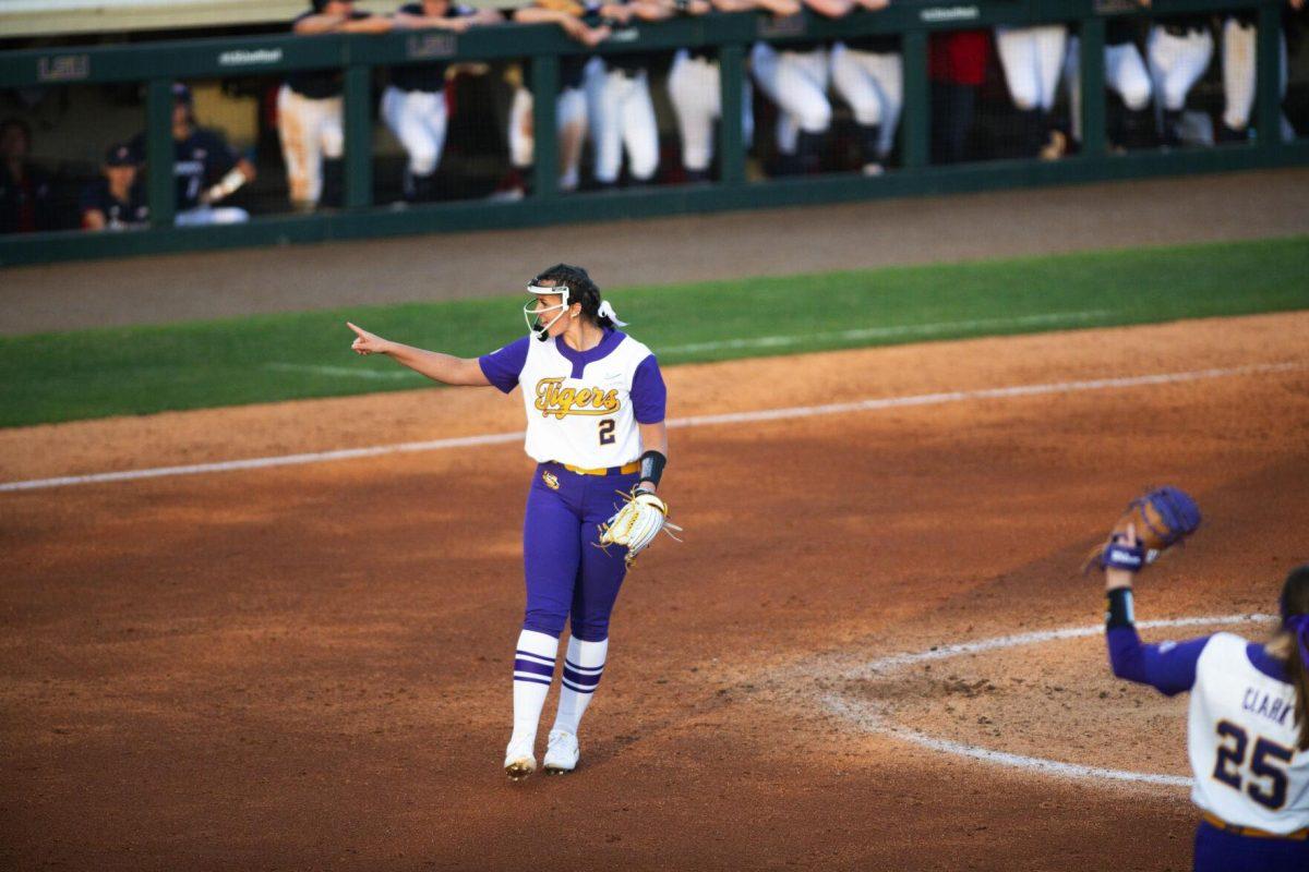 LSU softball redshirt junior pitcher Ali Kilponen (2) points after getting the strike Saturday, Feb. 12, 2022, during LSU’s 8-1 win against South Alabama at Tiger Park on Skip Bertman Drive in Baton Rouge, La.