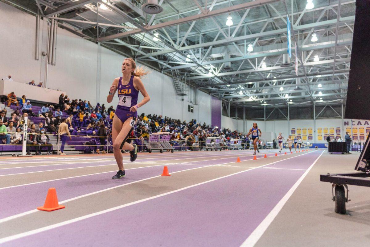 LSU track and field freshman Callie Hardy completes a lap on Friday, Feb. 4, 2022, during the Bayou Bengal indoor track meet at the Carl Maddox Field House on Nicholson Drive in Baton Rouge, La.