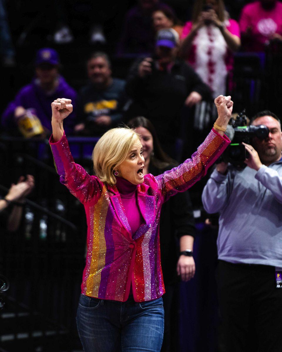 LSU women&#8217;s basketball head coach Kim Mulkey raises her hands to get the crowd excited Thursday, Feb. 10, 2022, before LSU&#8217;s 73-67 win against Georgia in the Pete Maravich Assembly Center on North Stadium Drive in Baton Rouge, La.