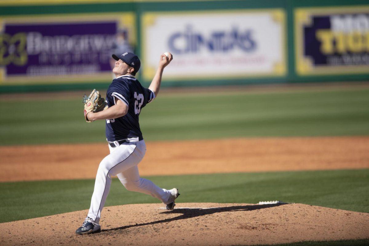 University of Maine freshman pitcher Colin Fitzgerald (23) pitches on the mound Saturday, Feb. 19, 2022, during the Tigers' 17-8 win against the University of Maine at Alex Box Stadium in Baton Rouge, La.