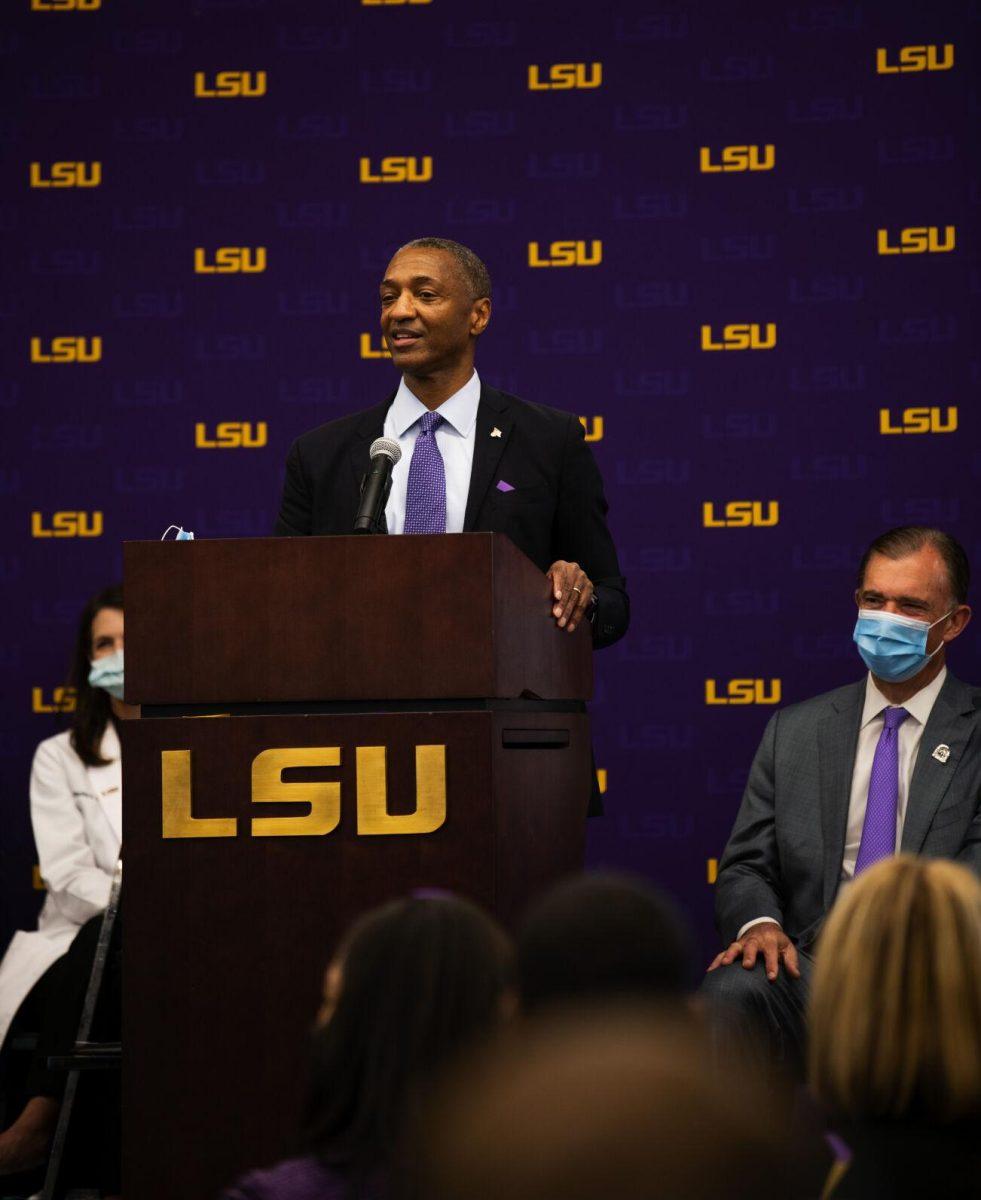 LSU president William F. Tate IV speaks at the Our Lady of the Lake and LCMC Health game-changing investment press conference Friday, Feb. 11, 2022, at the LSU Foundation Center for Philanthropy in Baton Rouge, La.