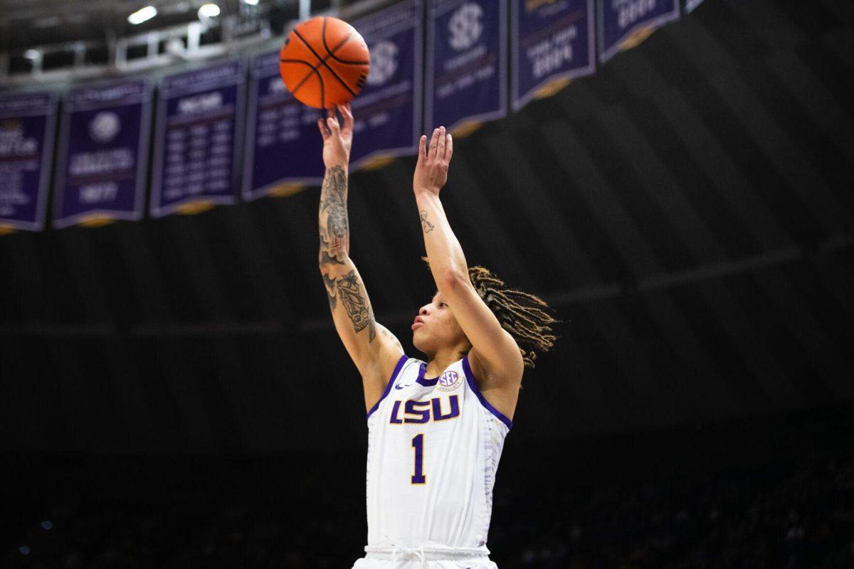 LSU women’s basketball graduate student guard Jailin Cherry (1) shoots a jumpshot Sunday, Feb. 20, 2022, during LSU’s 66-61 win against Florida in the Pete Maravich Assembly Center on North Stadium Drive in Baton Rouge, La.