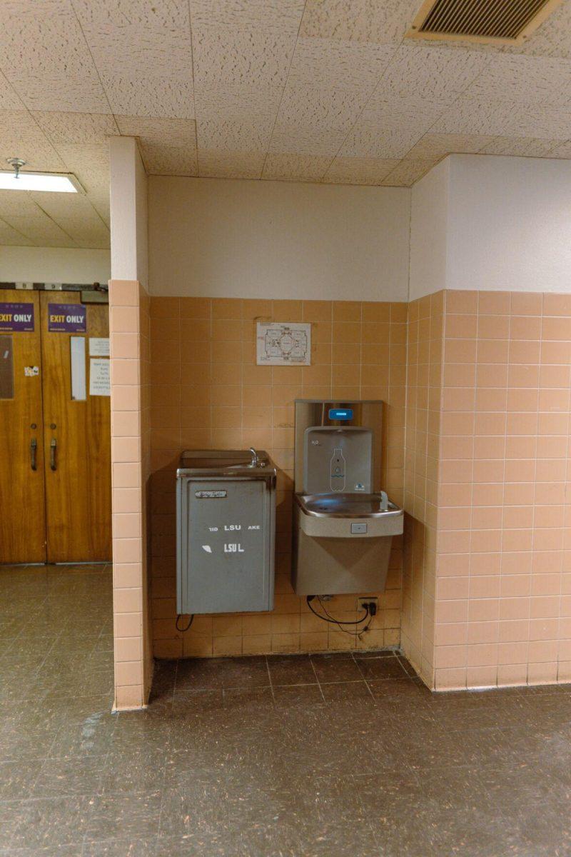 A pair of water fountains hang on the wall on Wednesday, Feb. 9, 2022, in Lockett Hall on Field House Drive in Baton Rouge, La.