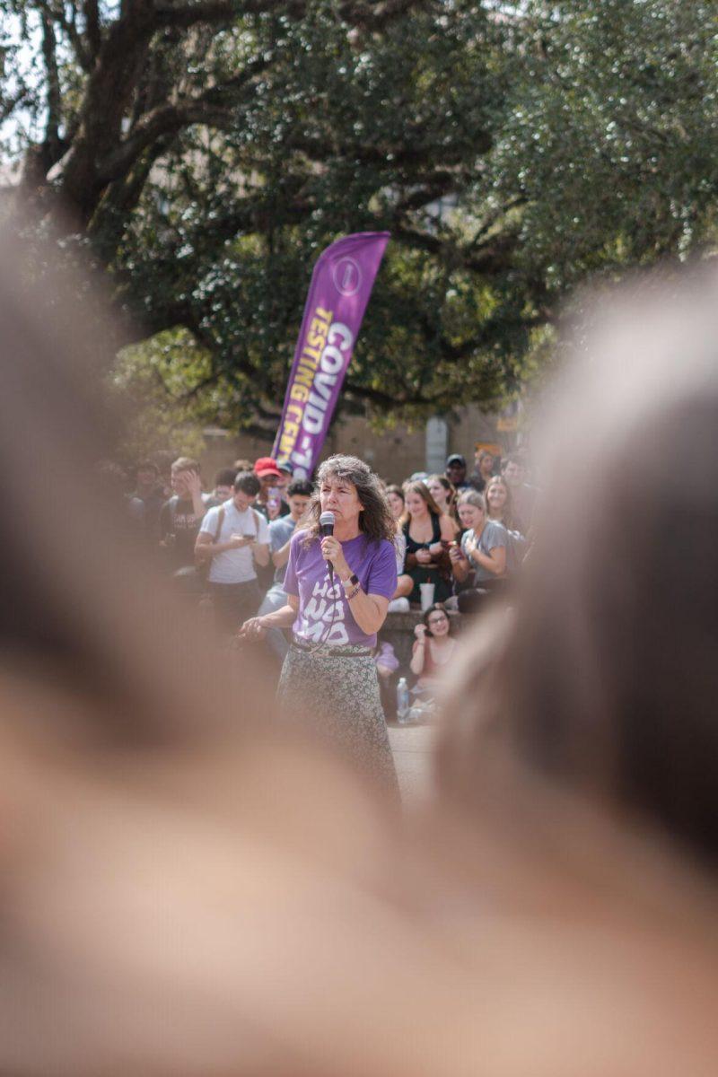 Sister Cindy speaks on Monday, Feb. 21, 2022, in Free Speech Plaza on LSU&#8217;s Campus in Baton Rouge, La.