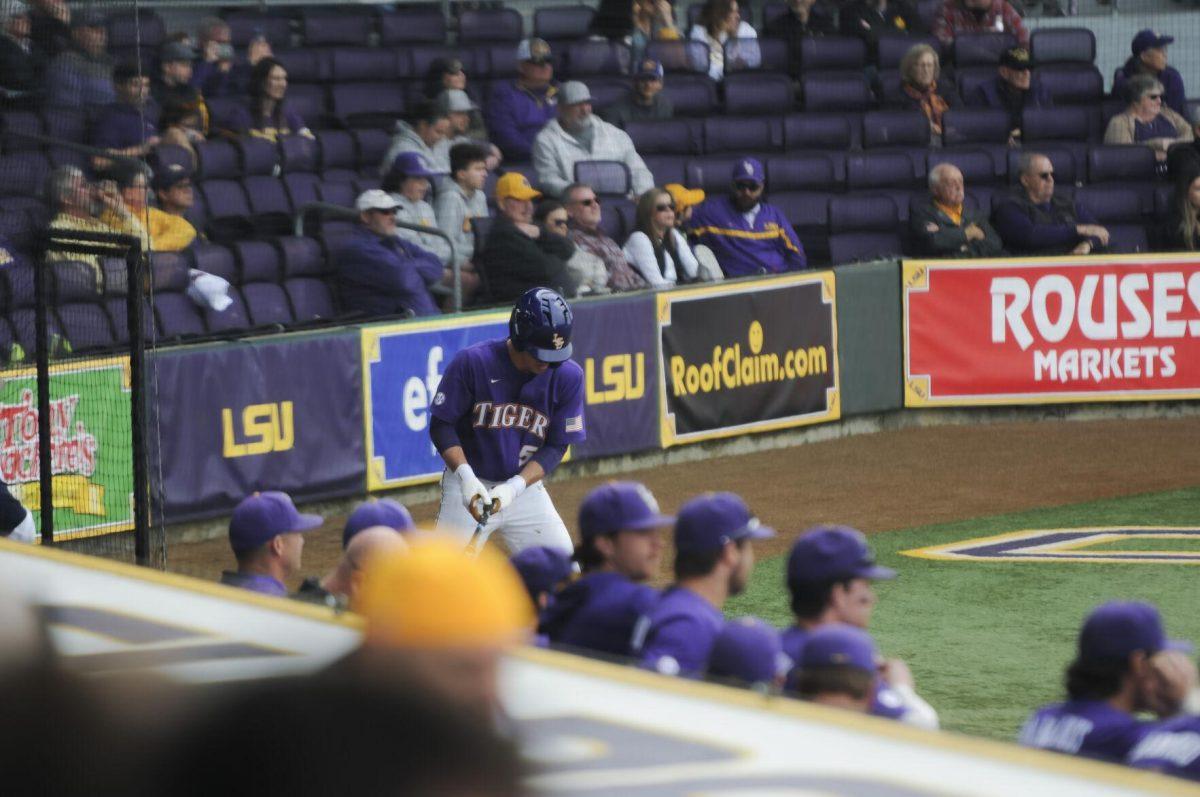 LSU sophomore infielder Jack Merrifield (53) gets ready for his turn to swing Saturday, Feb. 26, 2022, during the Tigers' 9-2 win against Southern University at Alex Box Stadium in Baton Rouge, La.