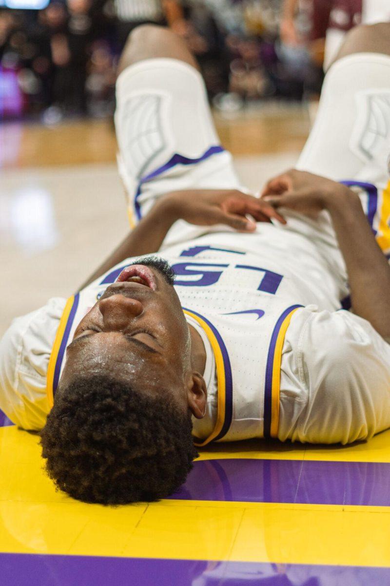 LSU men&#8217;s basketball senior forward Darius Days (4) sighs while on the floor on Saturday, Feb. 12, 2022, during LSU&#8217;s 69-65 win over Mississippi State at the Pete Maravich Assembly Center on North Stadium Drive in Baton Rouge, La.