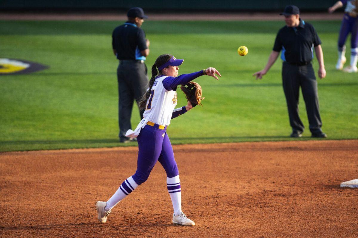 LSU softball sophomore infielder Taylor Pleasants (17) throws the ball before the inning starts Saturday, Feb. 12, 2022, during LSU’s 8-1 win against South Alabama at Tiger Park on Skip Bertman Drive in Baton Rouge, La.