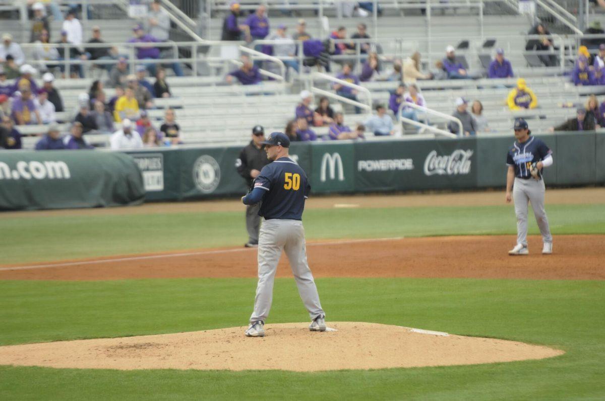 Southern University junior pitcher Anthony Fidanza (50) pitches on the mound Saturday, Feb. 26, 2022, during the Tigers' 9-2 win against Southern University at Alex Box Stadium in Baton Rouge, La.