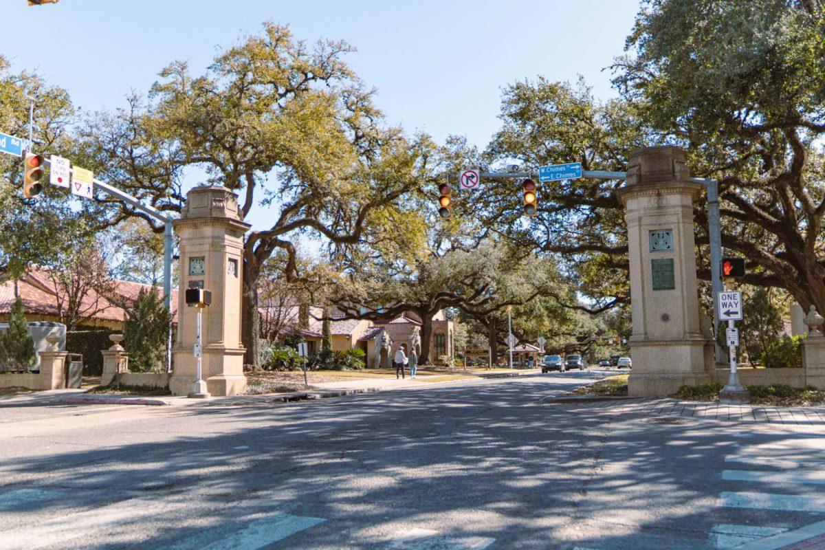 The LSU entry gate stands tall on Saturday, Feb. 19, 2022, on Highland Road in Baton Rouge, La.