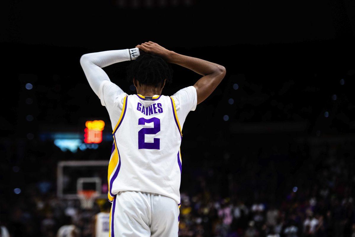 LSU men&#8217;s basketball sophomore guard Eric Gaines (2) places his hands on his head Tuesday, Feb. 01, 2022, during LSU&#8217;s 72-76 loss against Ole Miss in the Pete Maravich Assembly Center on North Stadium Drive in Baton Rouge, La.