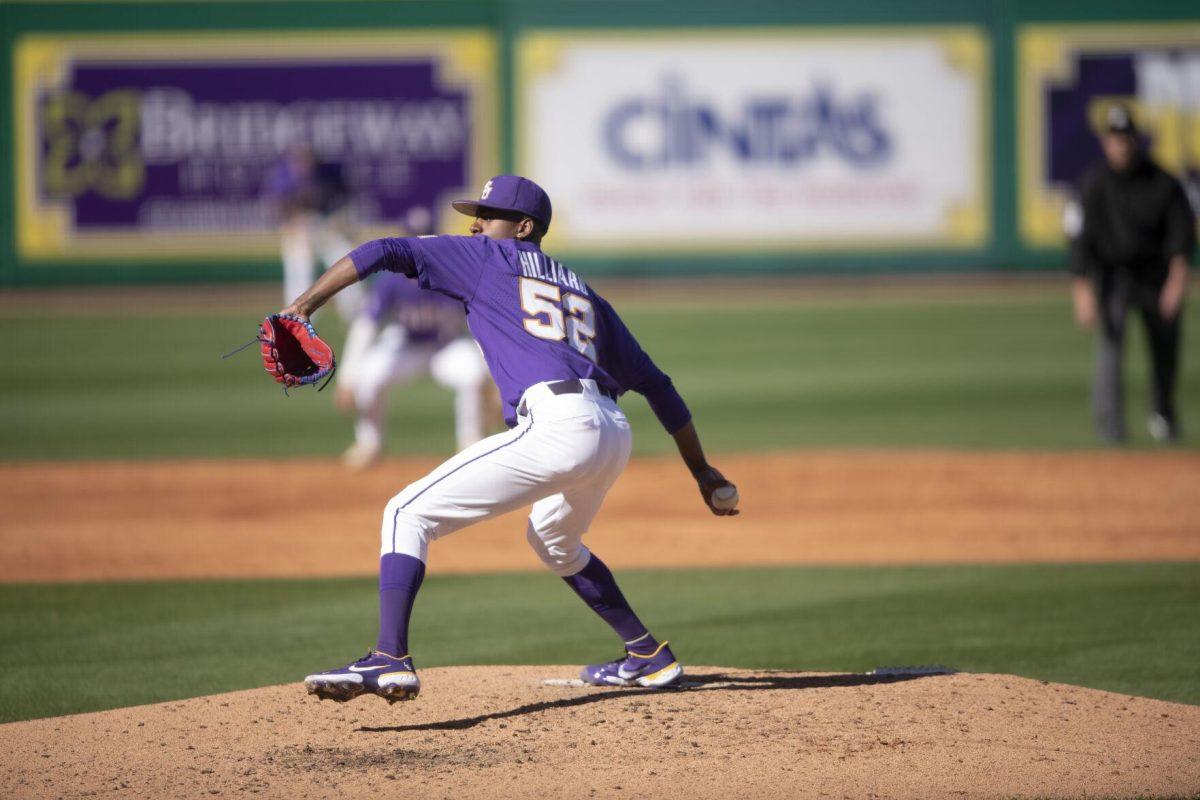 LSU senior pitcher Ma'Khail Hiliard (52) pitches on the mound Saturday, Feb. 19, 2022, during the Tigers' 17-8 win against the University of Maine at Alex Box Stadium in Baton Rouge, La.