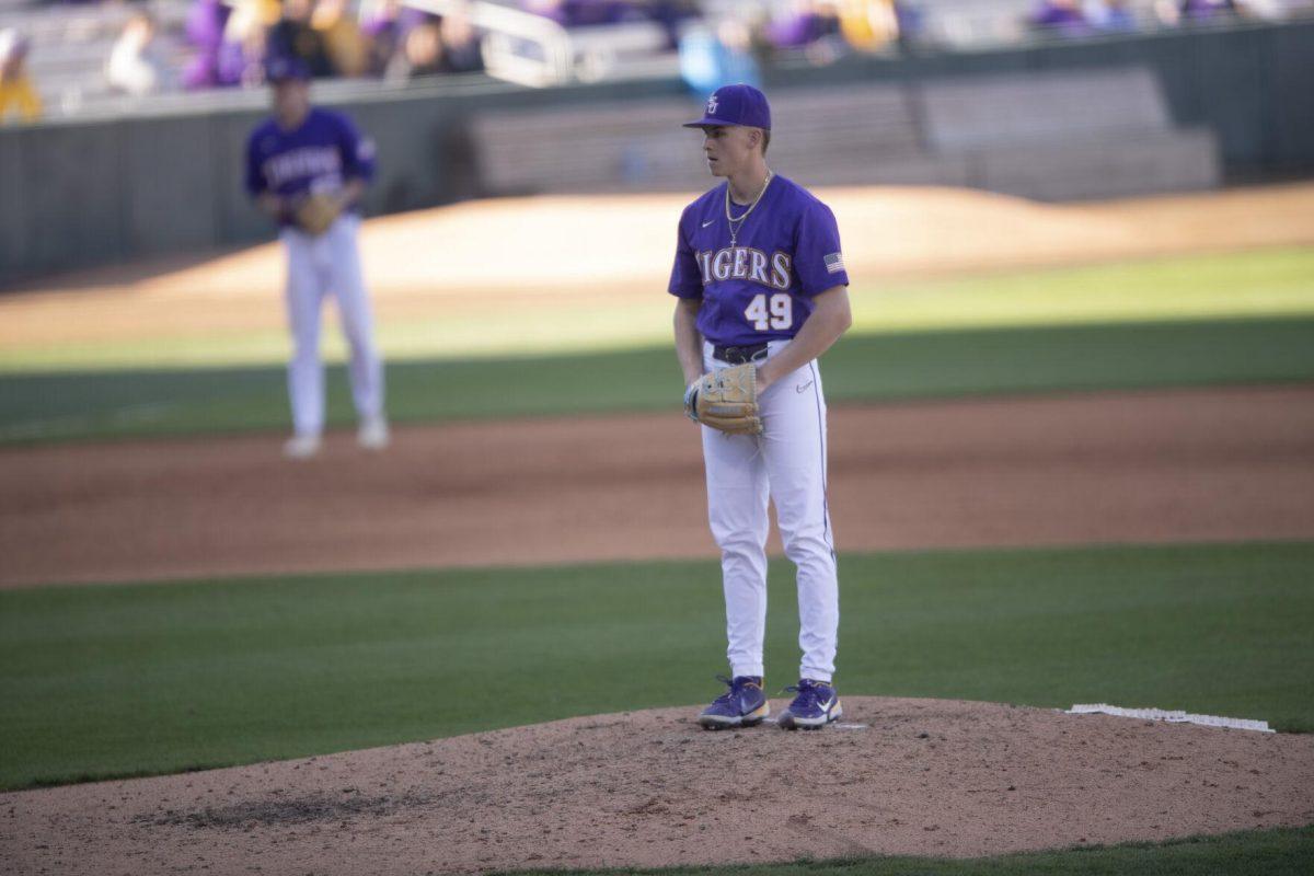 LSU sophomore pitcher Javen Coleman (49) gets ready to pitch on the mound Saturday, Feb. 19, 2022, during the Tigers' 17-8 win against the University of Maine at Alex Box Stadium in Baton Rouge, La.