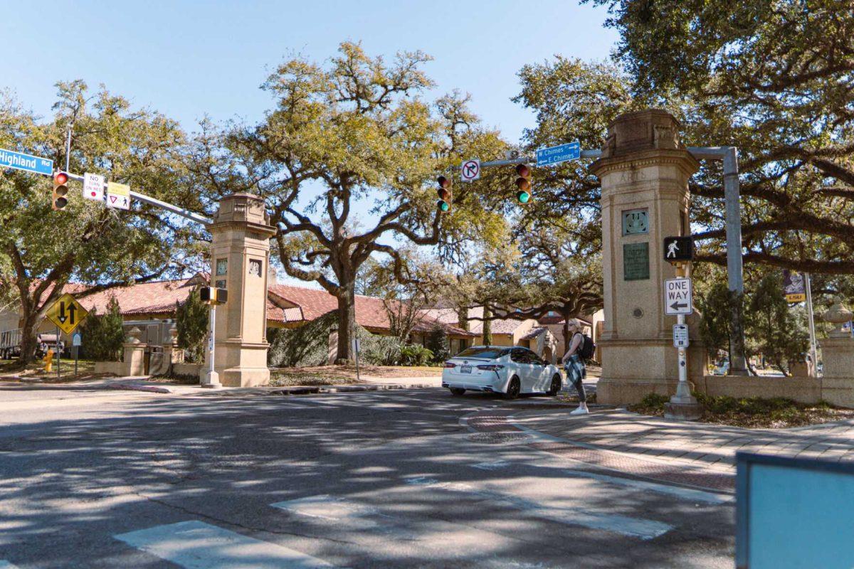 The LSU entry gate stands tall on Saturday, Feb. 19, 2022, on Highland Road in Baton Rouge, La.