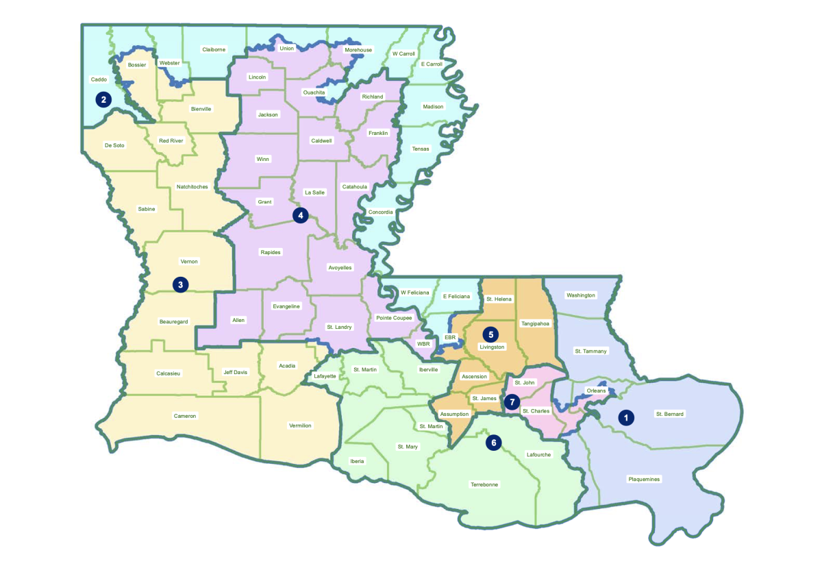 Proposed Louisiana Supreme Court map filed by Representative Barry Ivey, R-Central. The map, presented in House Bill 22, would create a second majority minority district in the seven-member Supreme Court.&#160;