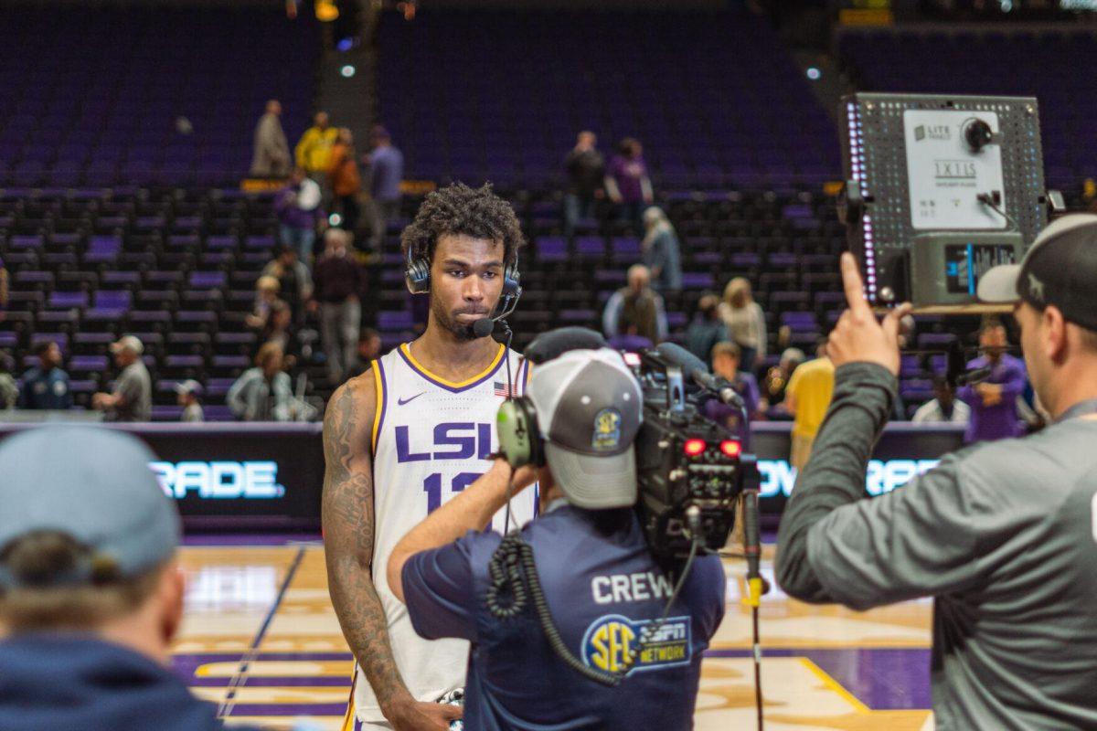 LSU men&#8217;s basketball sophomore forward Tari Eason (13) answers questions in a postgame interview on Saturday, Feb. 12, 2022, during LSU&#8217;s 69-65 win over Mississippi State at the Pete Maravich Assembly Center on North Stadium Drive in Baton Rouge, La.