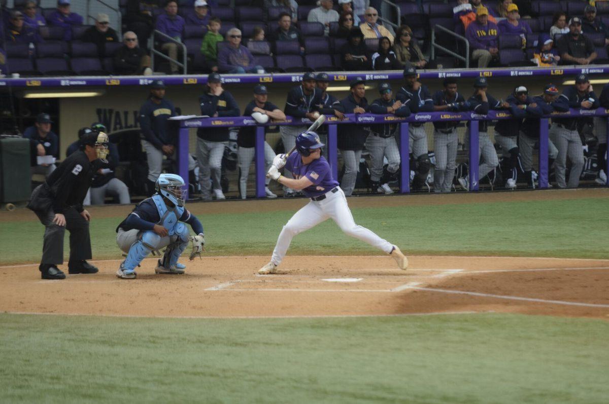 LSU sophomore infielder Cade Doughty (4) gets ready to swing Saturday, Feb. 26, 2022, during the Tigers' 9-2 win against Southern University at Alex Box Stadium in Baton Rouge, La.