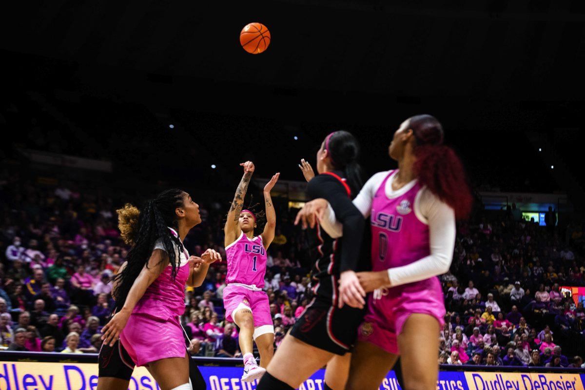 LSU women&#8217;s basketball graduate student guard Jailin Cherry (1) shoots a shot Thursday, Feb. 10, 2022, during LSU&#8217;s 73-67 win against Georgia in the Pete Maravich Assembly Center on North Stadium Drive in Baton Rouge, La.