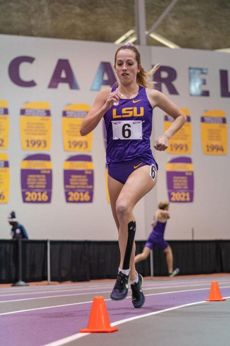 LSU track and field distance graduate student Doria Martingayle approaches the straight away on Friday, Feb. 18, 2022, during the LSU Twilight track and field meet in the Carl Maddox Field House on Nicholson Drive in Baton Rouge, La.