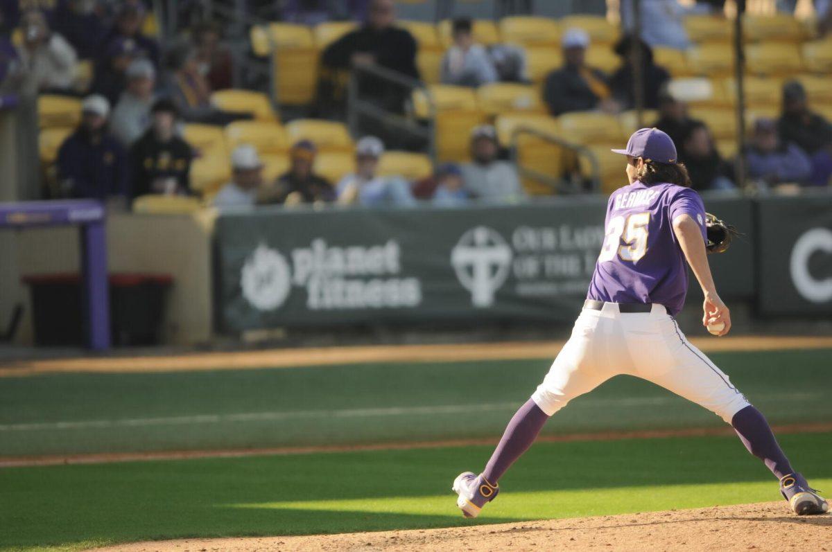 LSU junior pitcher Paul Gervase (35) pitches on the mound Saturday, Feb. 26, 2022, during the Tigers' 9-2 win against Southern University at Alex Box Stadium in Baton Rouge, La.