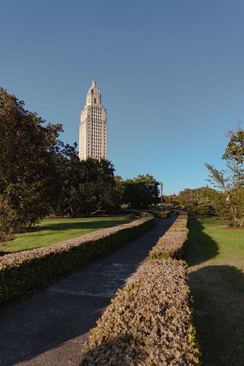 A pathway of hedges leads toward the State Capitol on Sunday, Feb. 6, 2022, at 900 North Third Street in Baton Rouge, La.