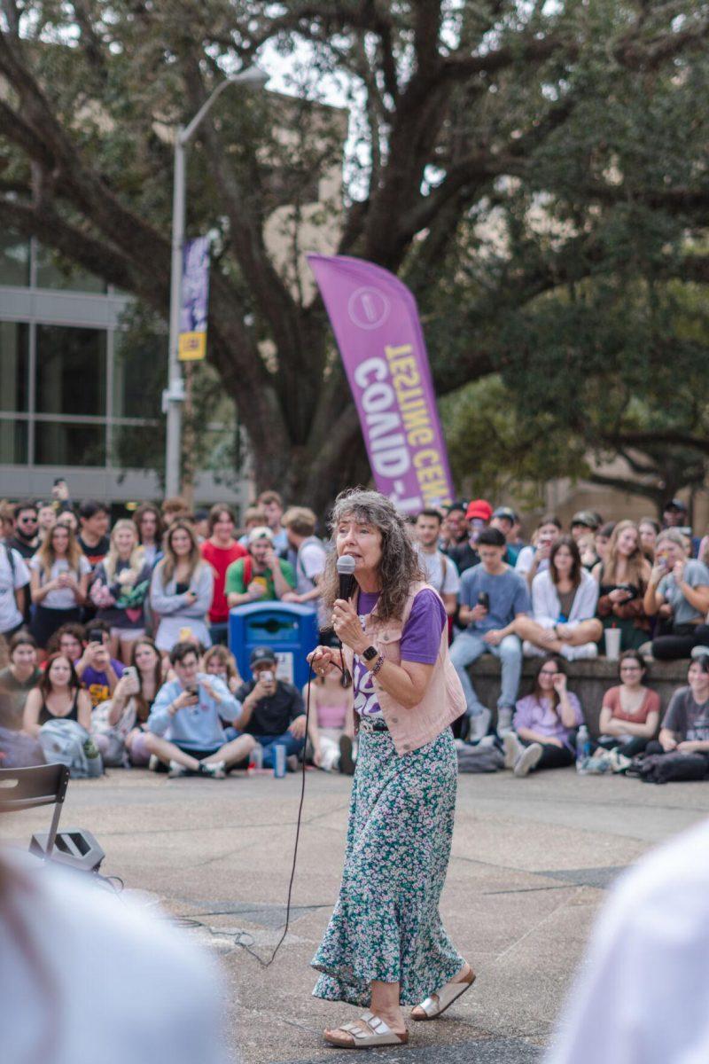 Sister Cindy speaks at students on Monday, Feb. 21, 2022, in Free Speech Alley on LSU&#8217;s Campus in Baton Rouge, La.