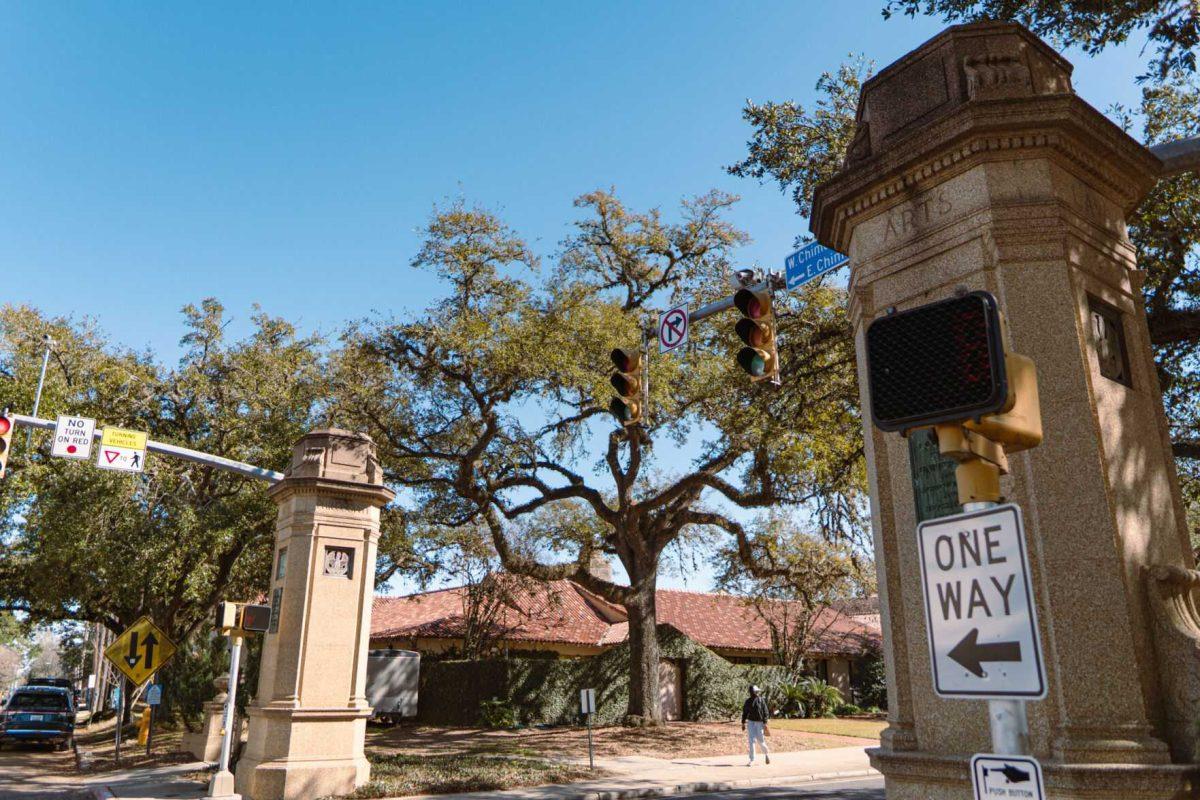 The LSU entry gate stands tall on Saturday, Feb. 19, 2022, on Highland Road in Baton Rouge, La.