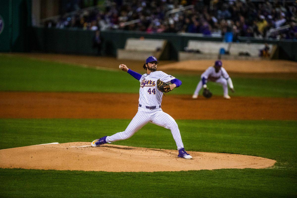 LSU baseball sophomore right-handed pitcher Blake Money (44) pitches the ball Friday, Feb. 18, 2022 during LSU's 13-1 win against Maine at Alex Box Stadium on Gourrier Avenue in Baton Rouge, La.