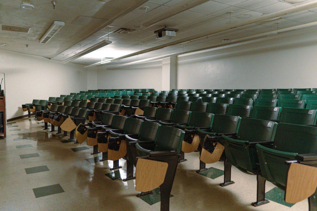 Desks sit empty on Wednesday, Feb. 9, 2022, in Lockett Hall on Field House Drive in Baton Rouge, La.